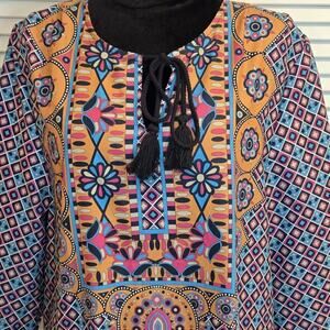 Urban Coco women’s tribal Mini/long tunic ruched tassel Sz L multi Peasant Boho
